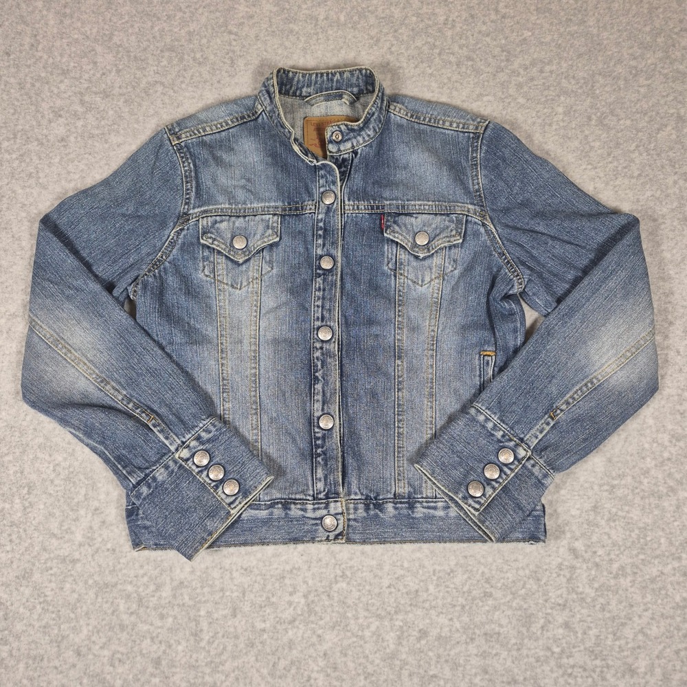 Vintage Levis Denim Jacket Womens Medium Blue Snap Stand Collar Y2K Trucker